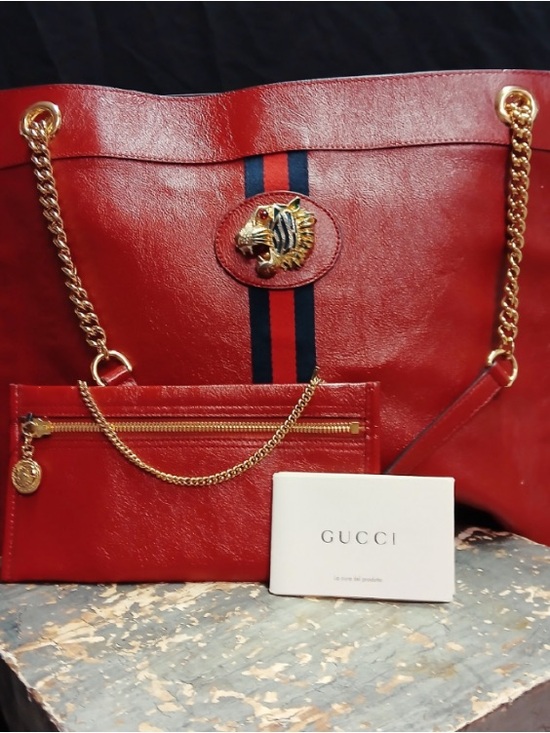 Gucci Handbags - Gucci Rajah Tote w/accessory bag, Red leather, Navy & Gold trim w/enamel tiger❤️